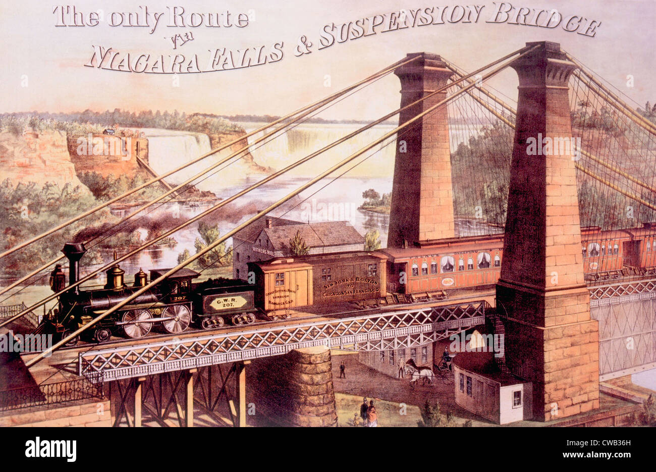 Puente de suspensión de las Cataratas del Niágara, litografía por la arcilla, Cosack & Co., 1876 Foto de stock