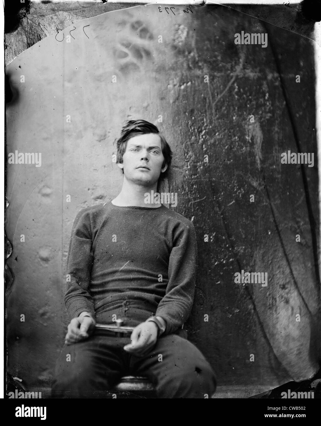 Los asesinos. Lewis Payne, en Jersey, sentados y esposados. Fotografía de Alexander Gardner, abril de 1865. Foto de stock