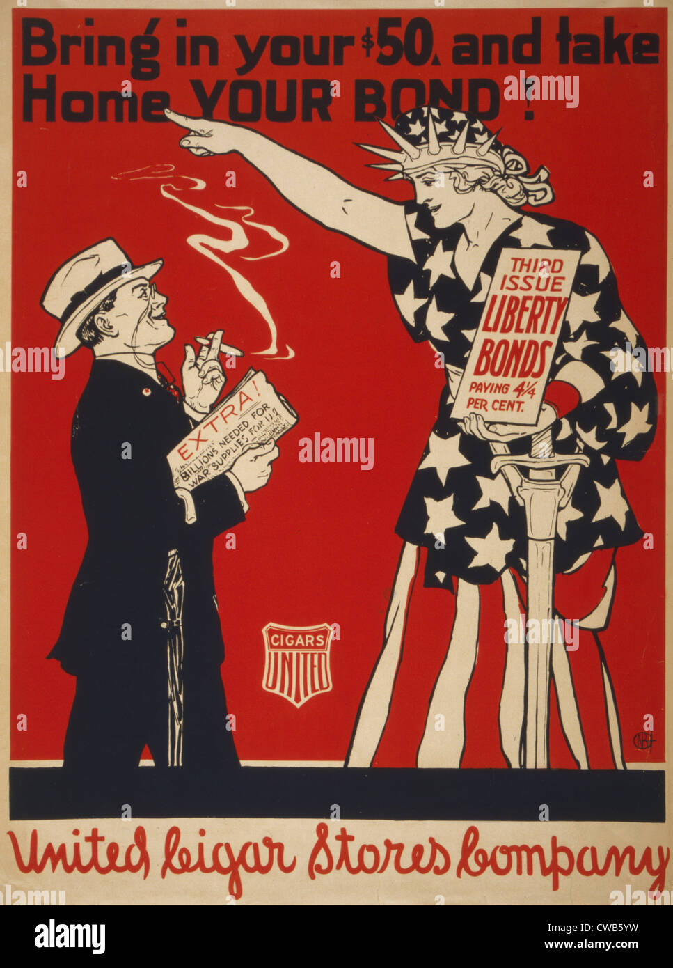 La I Guerra Mundial, póster libertad dirigiendo un cigarro bien vestido fumador para comprar bonos, Título original: "Tráete tus $50, y Foto de stock