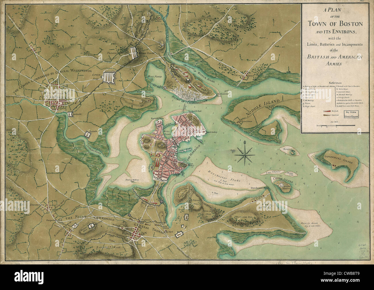 La Revolución americana. Un plan de la ciudad de Boston y sus alrededores, con las líneas, las baterías y incampments del Foto de stock