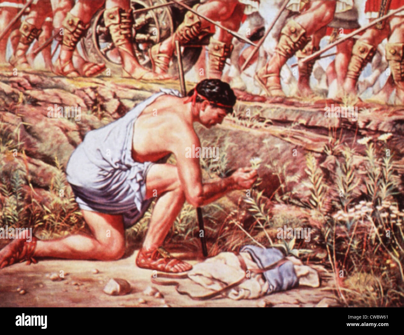 Pedanius Dioscórides (40-90 AD), farmacólogo y botánico griego, estudiando las plantas mientras acompañaba a los ejércitos romanos durante la Foto de stock