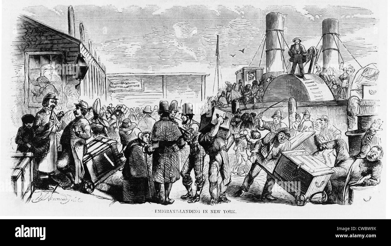 Los inmigrantes europeos que llegan a la ciudad de Nueva York's Castle Garden, America's primer oficial del centro de inmigración en 1858. Desde 1855, Foto de stock