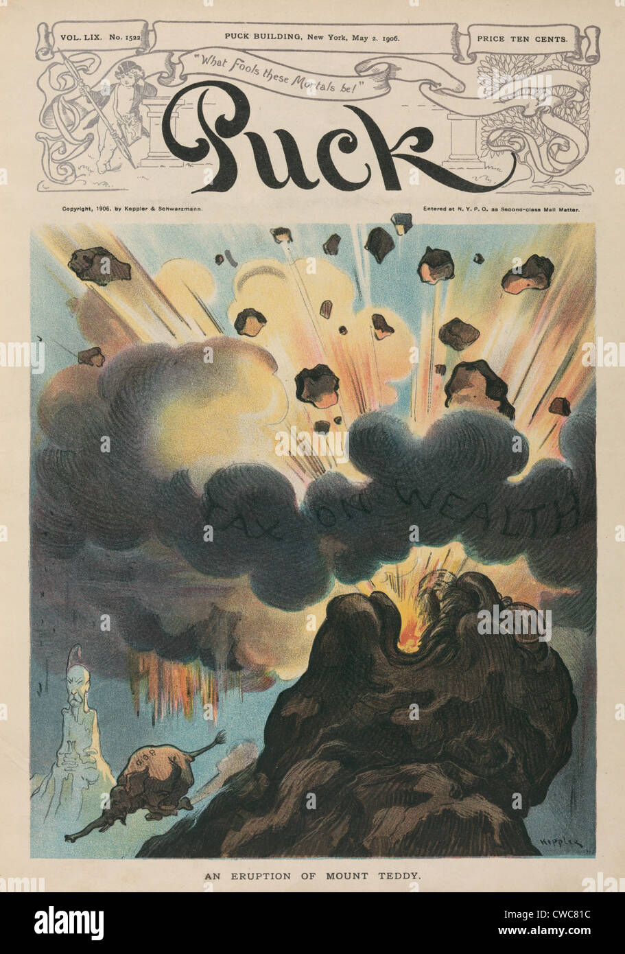 Erupción del Monte Teddy 1906 una caricatura de Theodore Roosevelt como un volcán arrojando una nube oscura denominado "impuesto sobre la riqueza" que Foto de stock