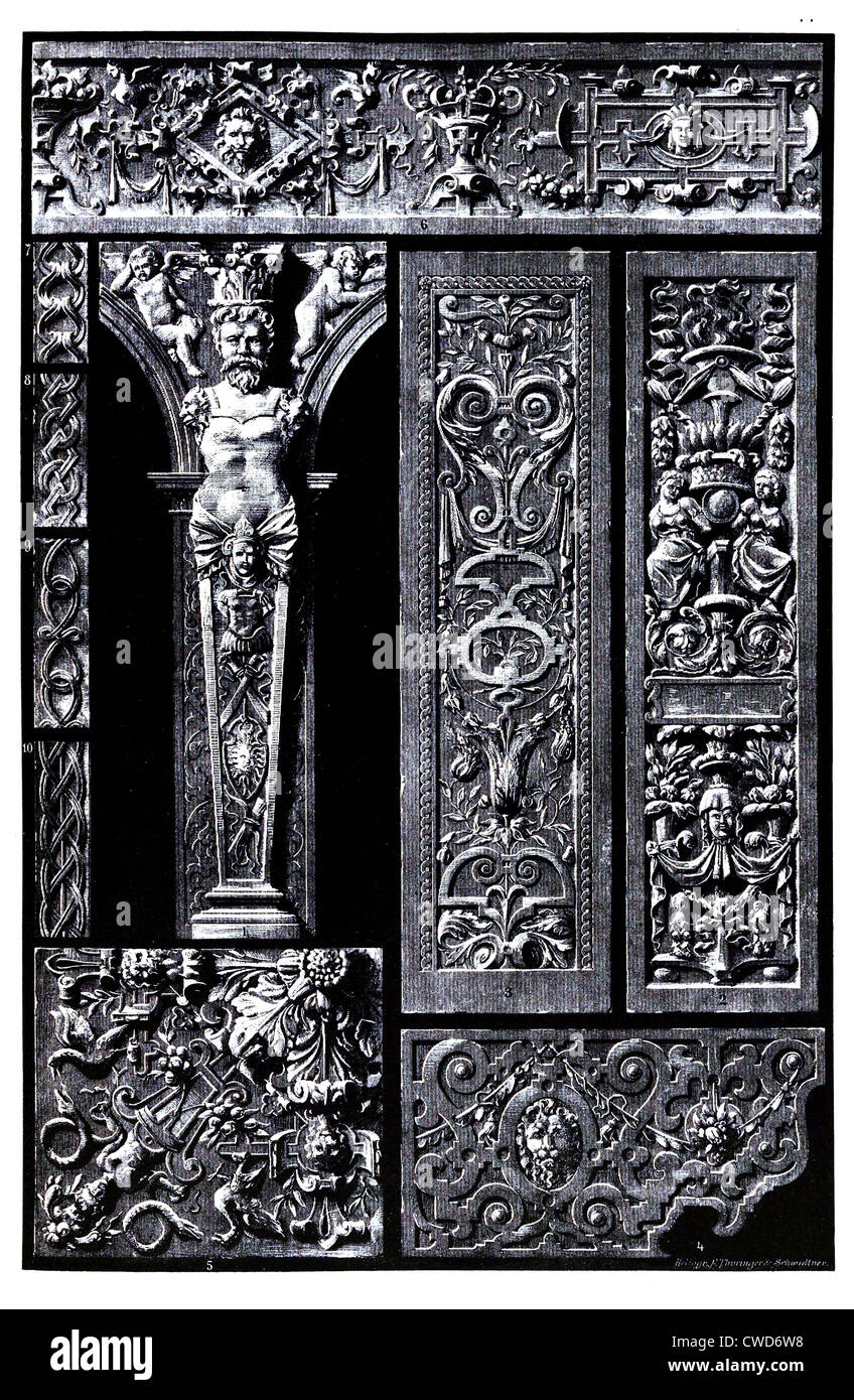 Renacimiento alemán adornamientos esculturales en madera y piedra Foto de stock