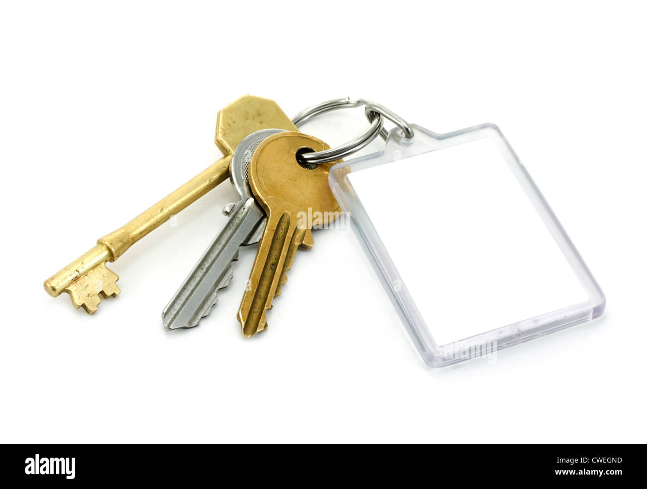 Casa residencial utiliza llaves con llavero en blanco ideal para anuncios inmobiliarios Foto de stock