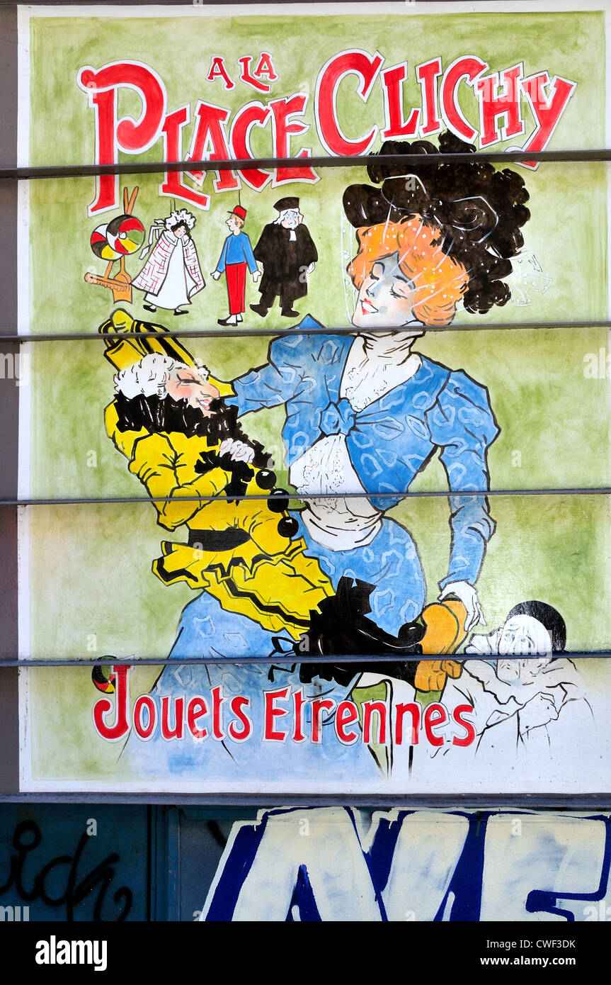 París, Francia. Persianas de fabricación metálica pintada en Rue Cavalotti (18th Arr) en el estilo de Toulouse-Lautrec - juguetería, Place Clichy Foto de stock