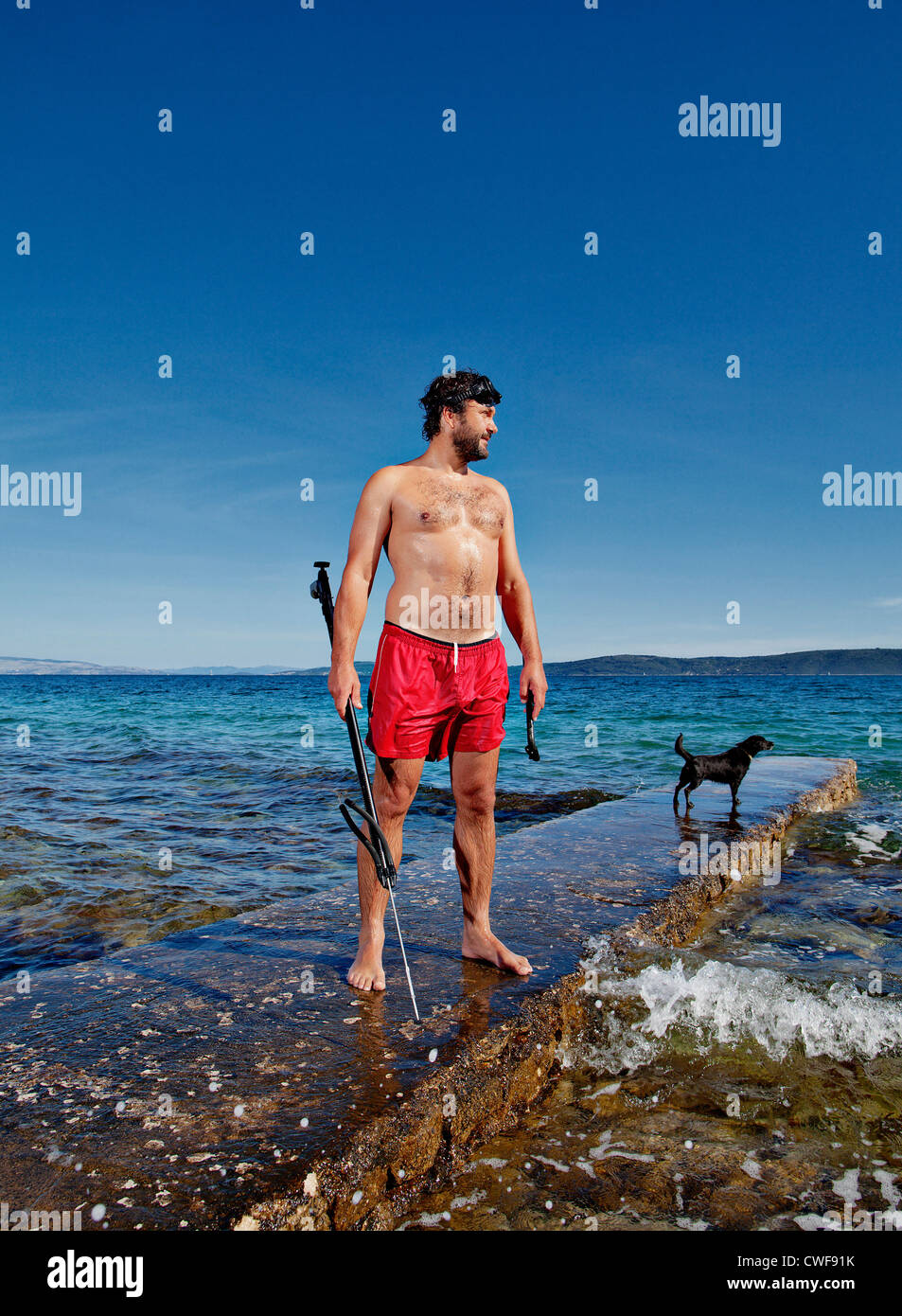 Joven pescador con equipo de buceo y arpón para la pesca submarina que sale  del agua con la captura del día Fotografía de stock - Alamy