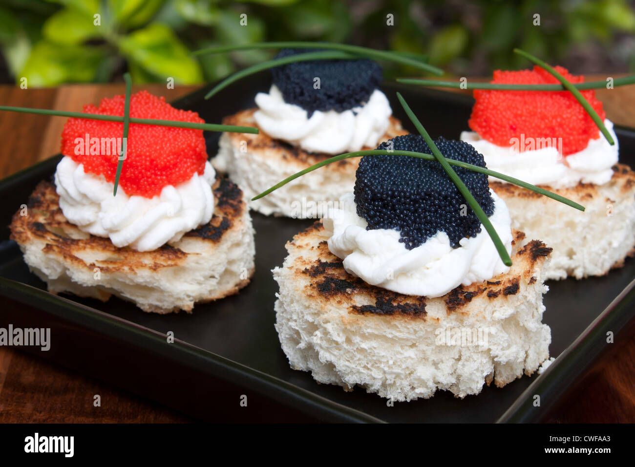 Canapés de caviar rojo y negro decorado con cebollino. Foto de stock