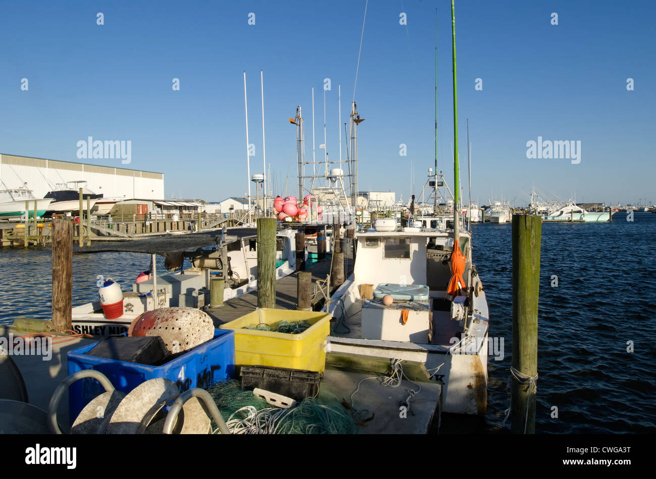 Barcos de pesca comercial en el dock Mill Creek Marina, Wanchese, North Carolina en Outer Banks Foto de stock