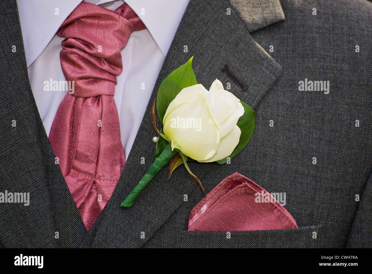 El pecho de un novio o hombre del novio en una boda, él está usando un  traje formal con camisa blanca y corbata rosa y pañuelo Fotografía de stock  - Alamy