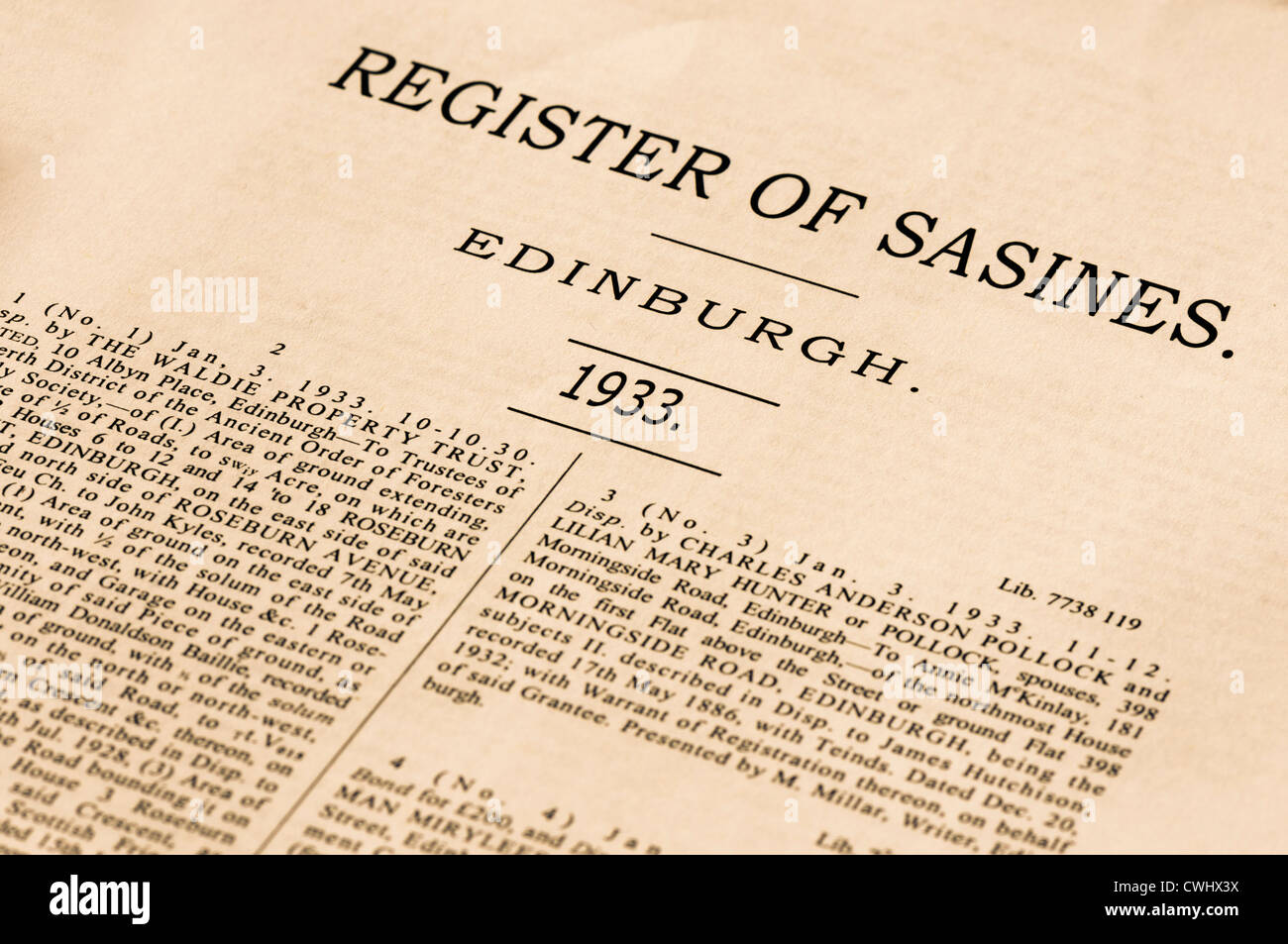 Registro de la propiedad (vivienda y Sasines ventas) para Edimburgo, 1933. Foto de stock