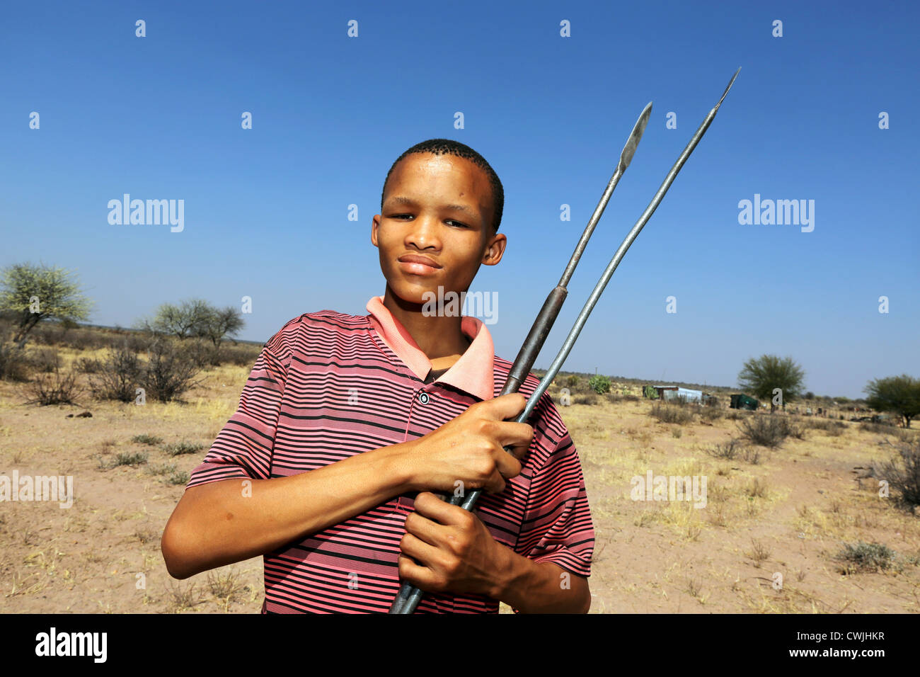 Niño indígena de la tribu San con lanzas, Namibia, el desierto de Kalahari Foto de stock