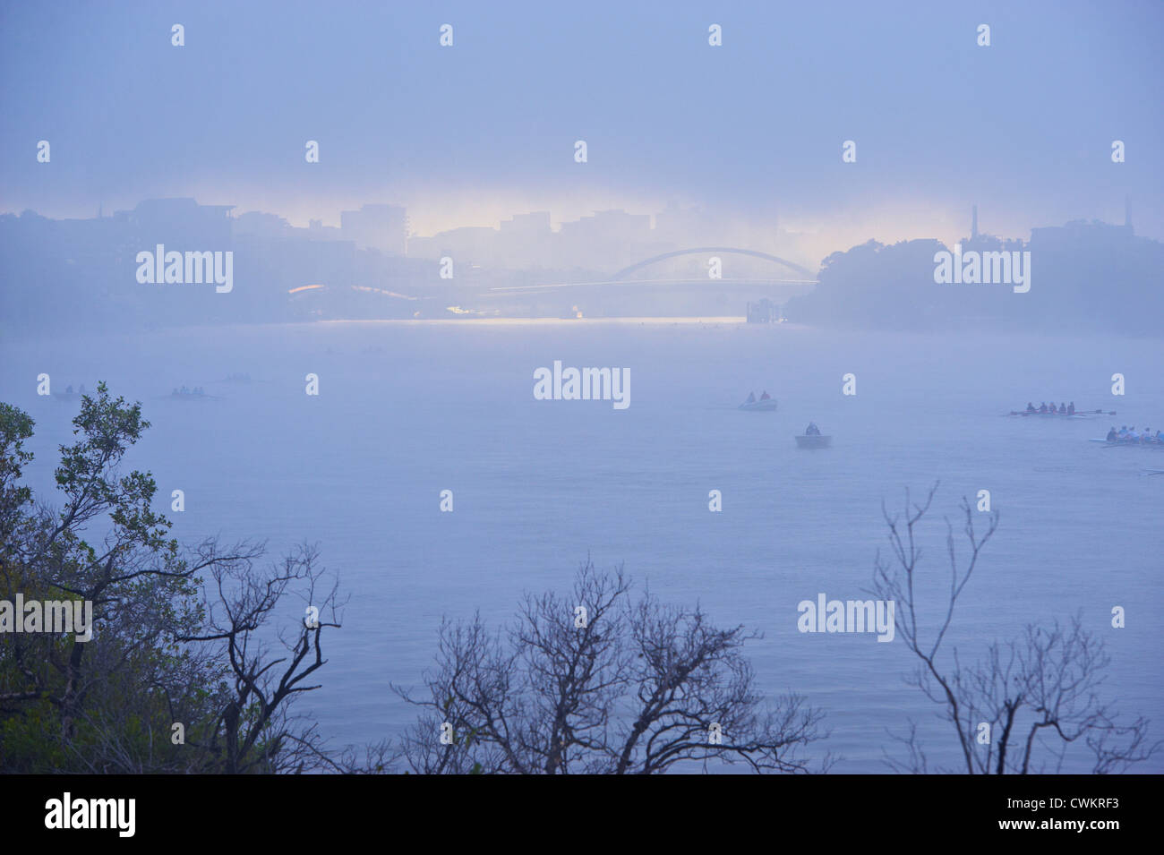 La ciudad de Brisbane en la niebla matutina, Queensland, Australia Foto de stock