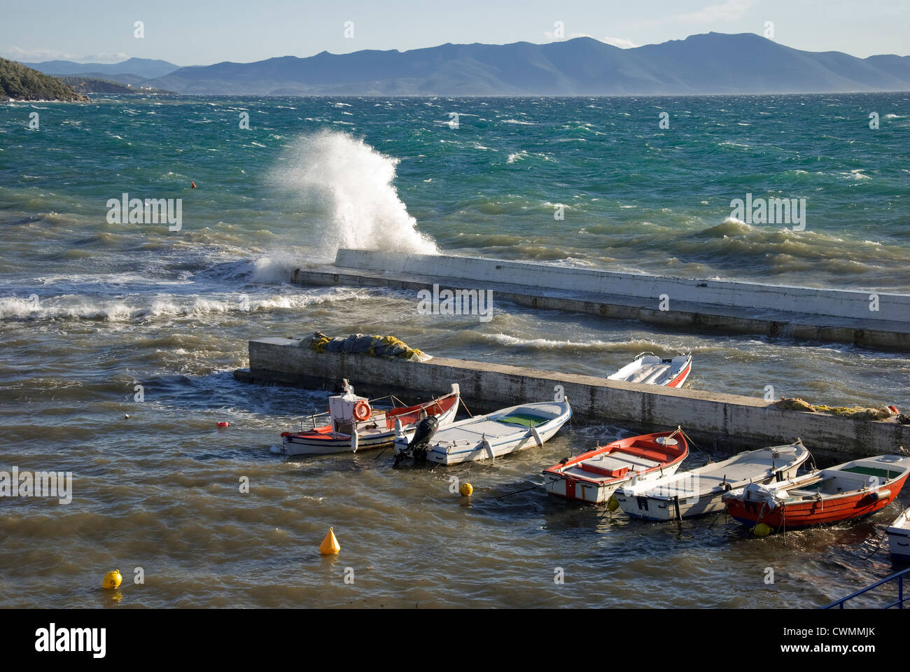 Barcos de pesca en el muelle del puerto pesquero de Afissos en el Golfo Pagasitic (Pelion peninsular, Tesalia, Grecia) Foto de stock