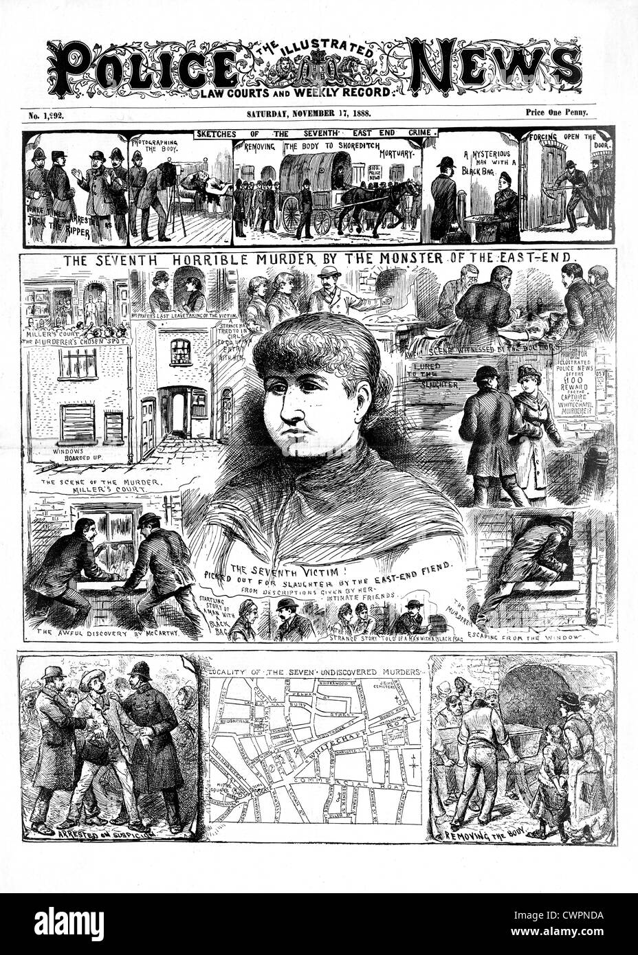 Jack El Destripador, Mary Jane Kelly, la policía News, desde el 17 de noviembre de 1888, Front Page informando su quinta y última víctima del famoso asesino en serie victoriana Foto de stock