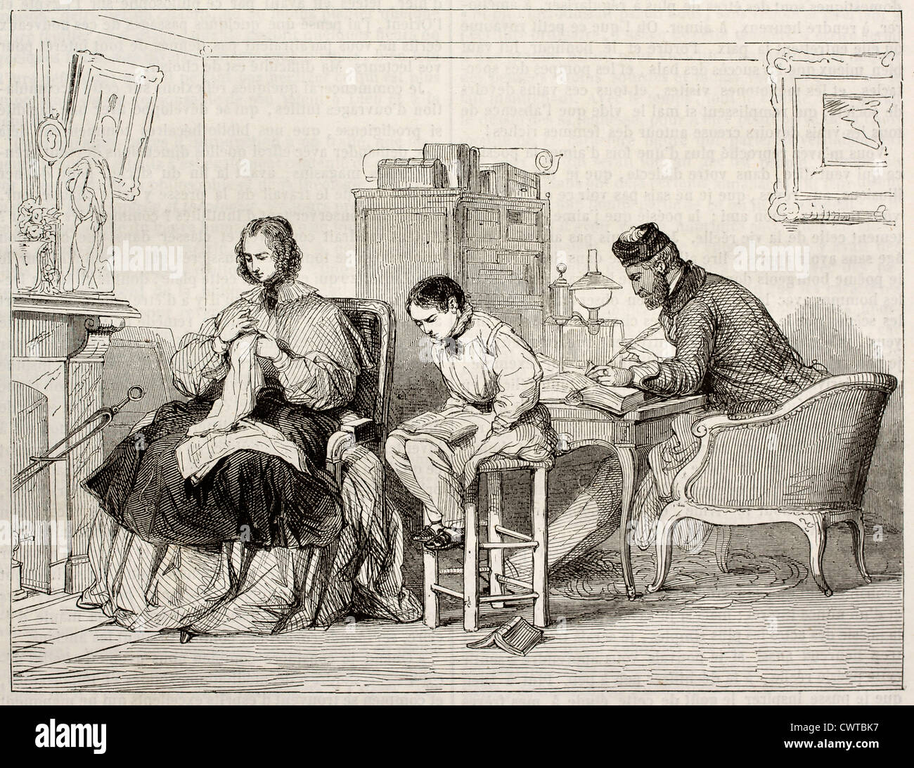 Ilustración antigua escena familiar. Por autor desconocido, publicado en el Magasin pintoresco, París, 1843 Foto de stock