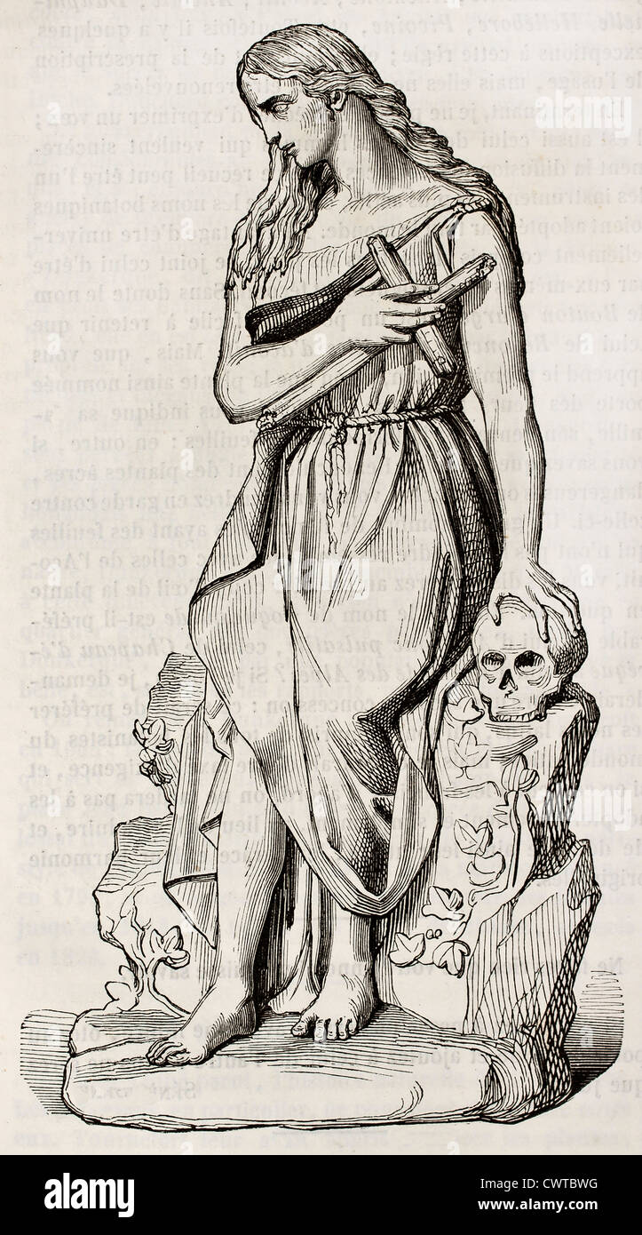 María Magdalena estatua, ilustración antigua. Esculpida por Barre, publicado en el Magasin pintoresco, París, 1843 Foto de stock