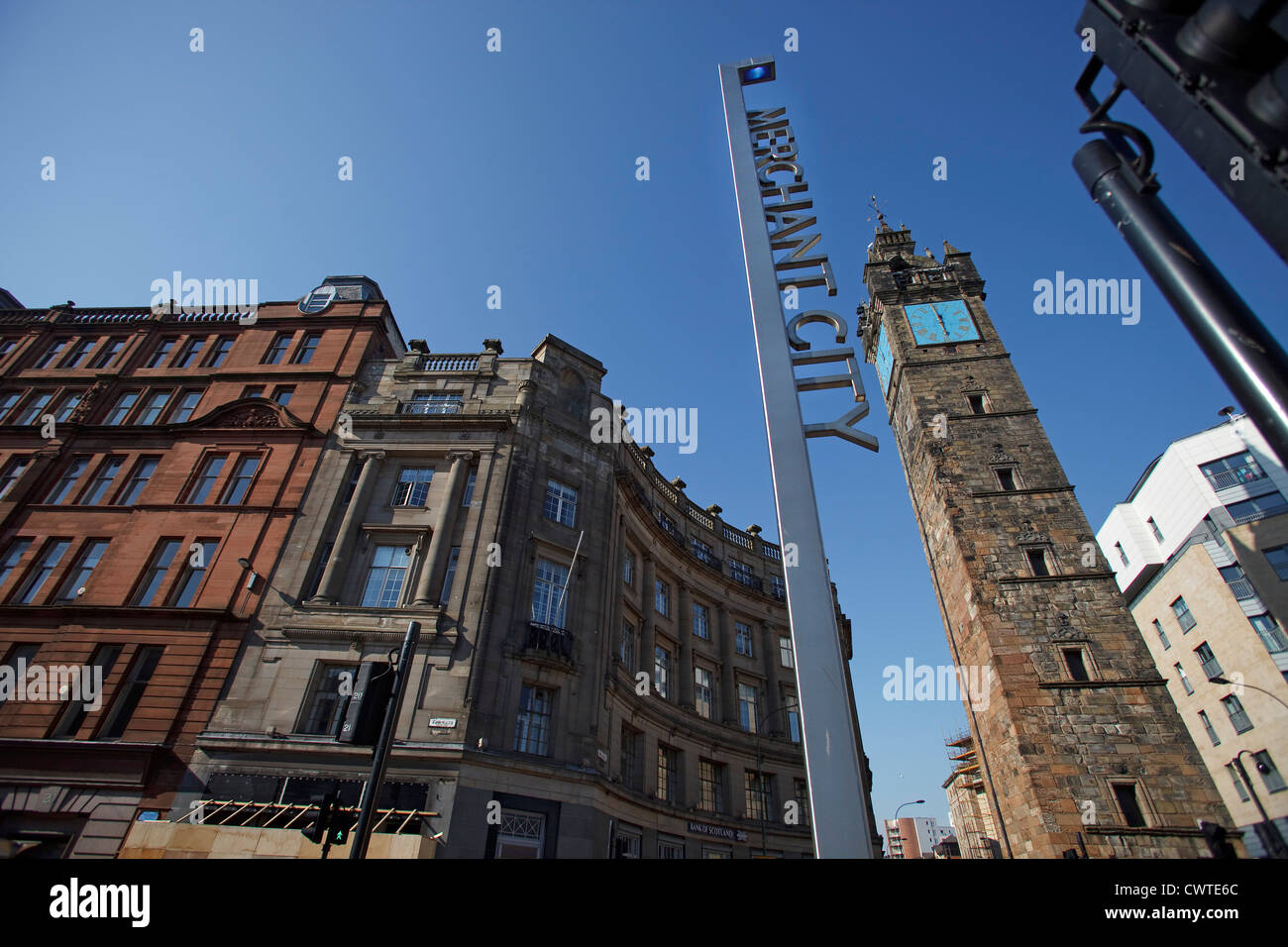 Cruz de Glasgow Merchant City firmar. Comerciante de la ciudad de Glasgow. Foto de stock