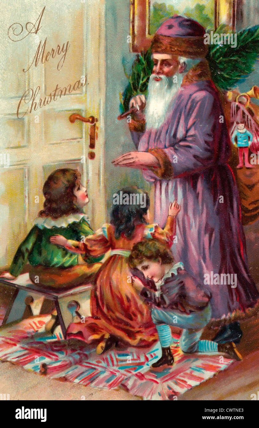 Una Feliz Navidad - San Nicolás dar monedas a los niños Foto de stock