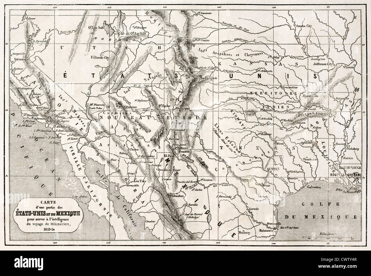Mapa antiguo del norte de México y el suroeste de EE.UU. Foto de stock