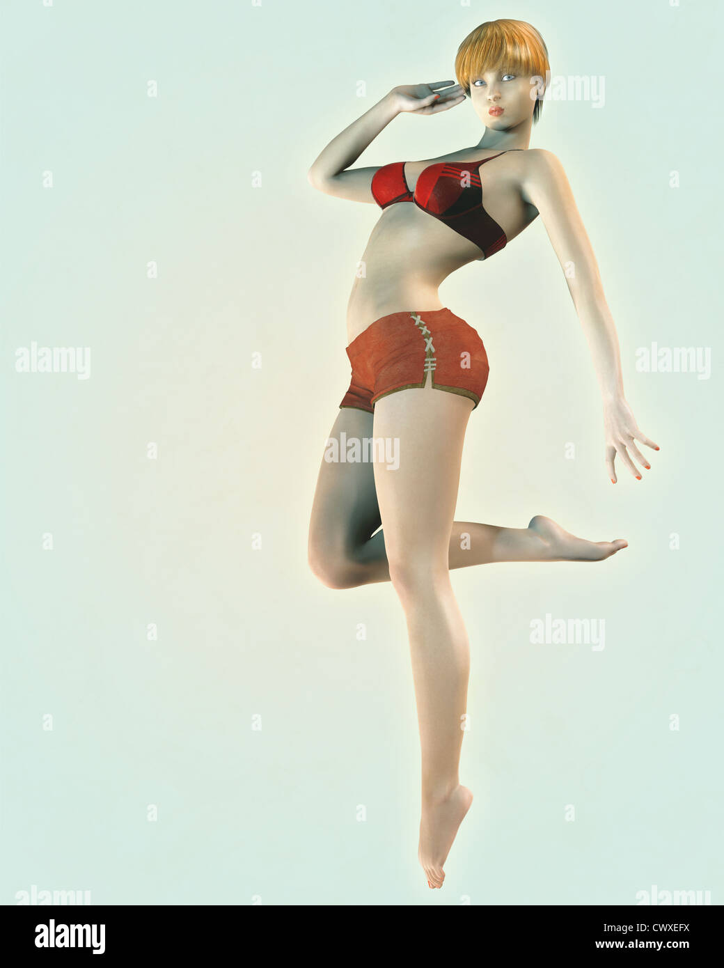 Ilustración de un estilo retro vintage o pin-up modelo de sexy chica en bikini rojo arriba y vintage shorts. Foto de stock