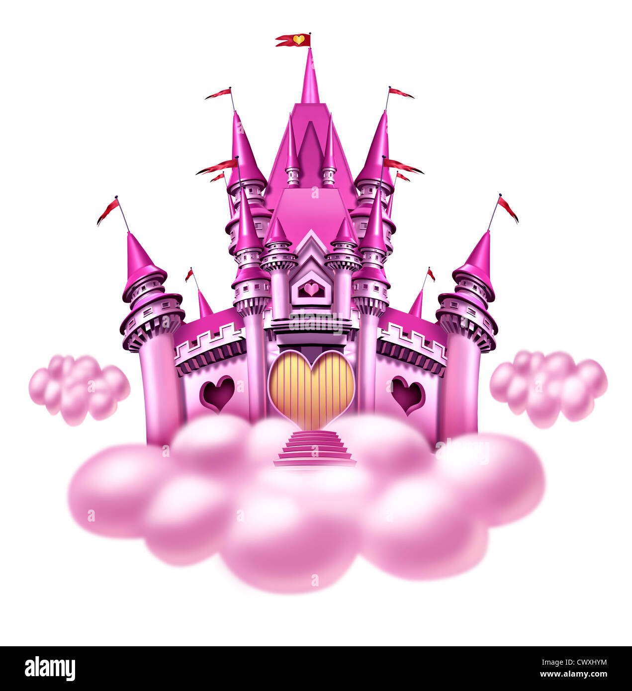 Fantasy princess castillo nube con un divertido rosa reino mágico flotando sobre una mullida nube como un juguete de niñas o soñar el sueño de un cuento de hadas de la nobleza con formas de corazón y la magia y elegancia. Foto de stock