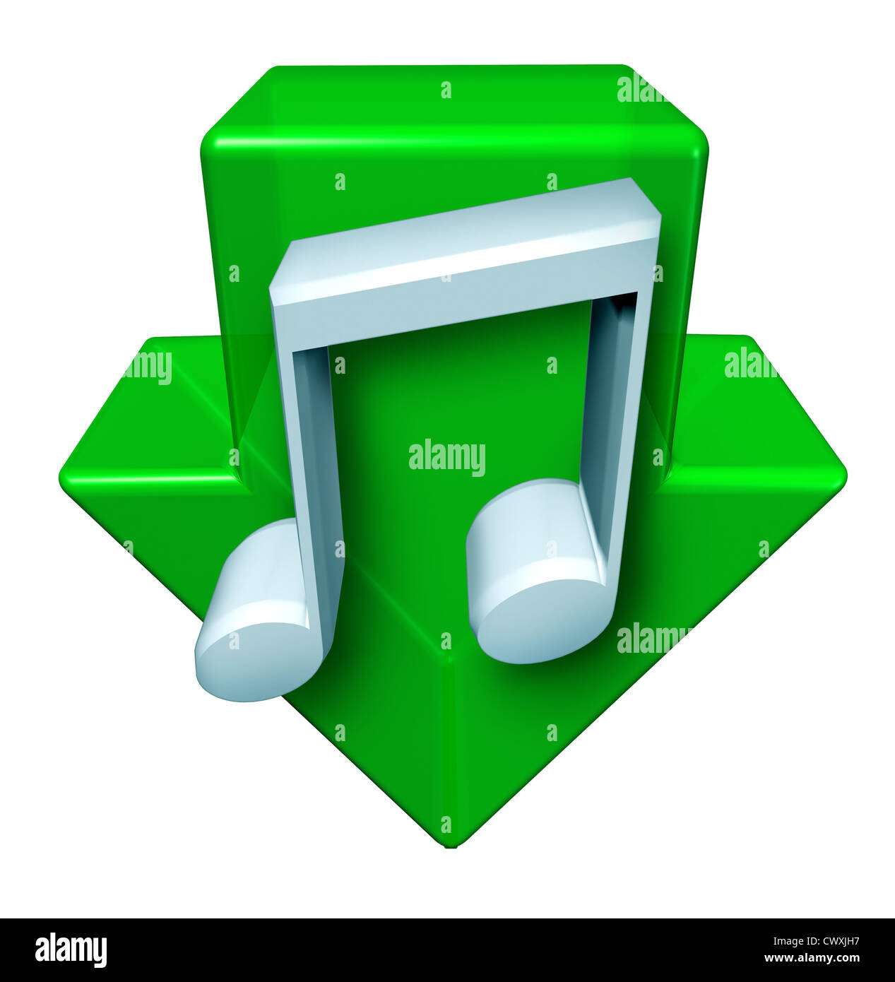 Descargas de música y descargar canciones digitales a través de internet y  los ordenadores con una flecha verde hacia abajo con una nota musical en un  fondo blanco como un icono de