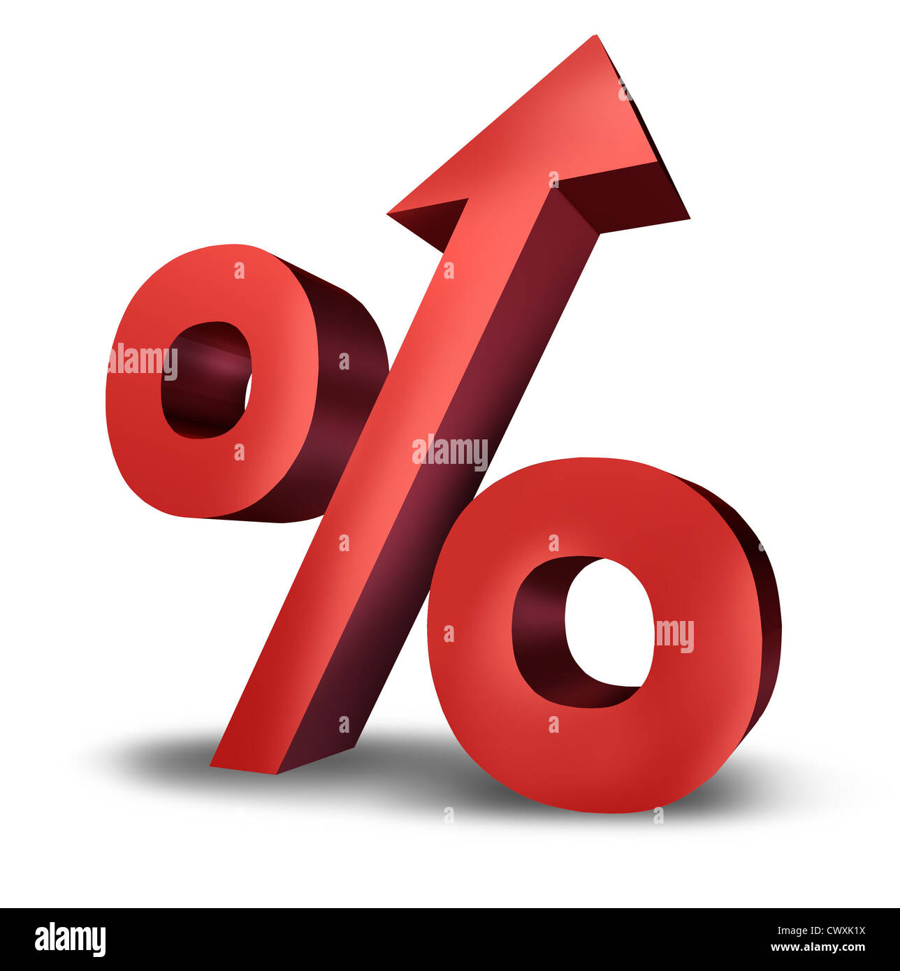 Aumento de las tasas de interés con un símbolo rojo dimensional signo de porcentaje hacia arriba como un icono de éxito o aumentar los pagos financieros e impuestos sobre un fondo blanco. Foto de stock