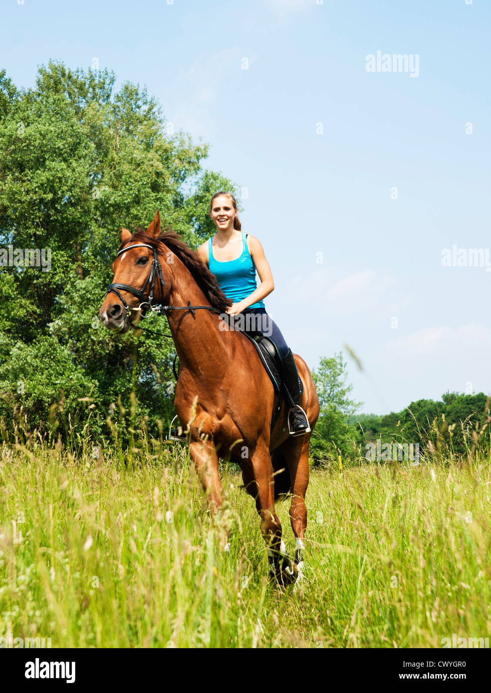 Adolescente en caballo en la pradera Foto de stock