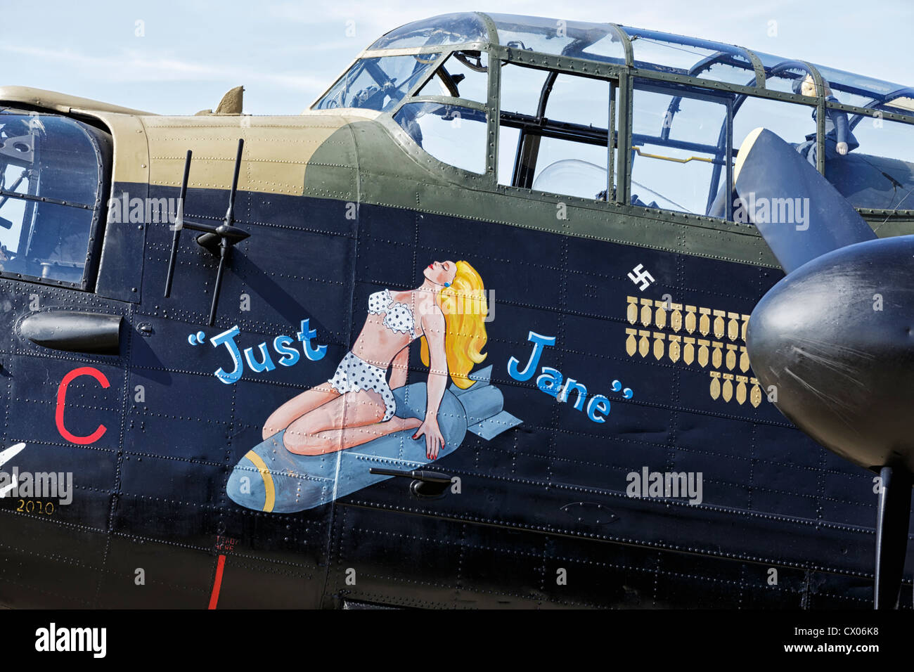 Sólo Jane nariz arte en aviones Avro Lancaster RAF bomber Foto de stock