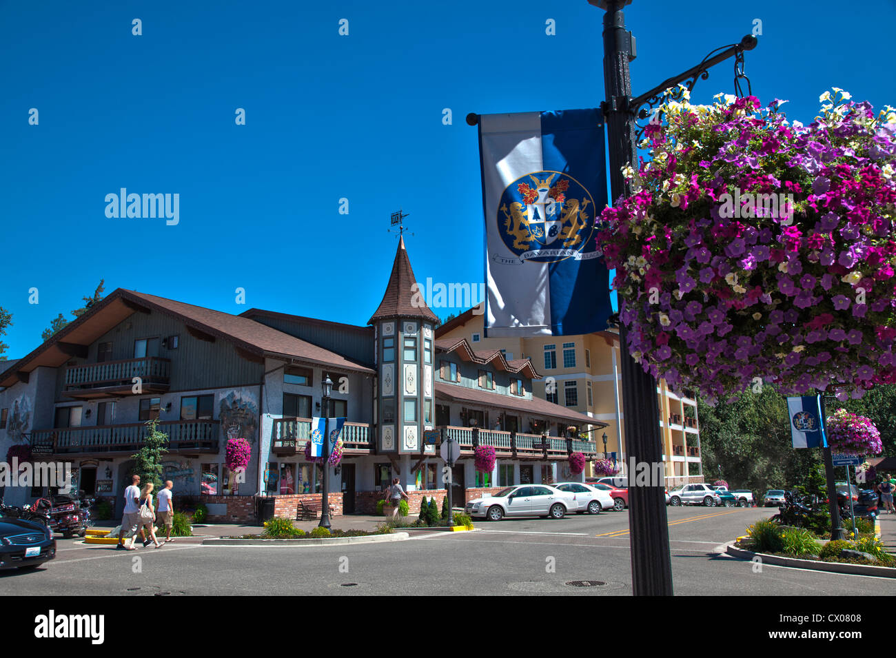 Visión general de la arquitectura bávara en Leavenworth, Washington, EE.UU. Foto de stock