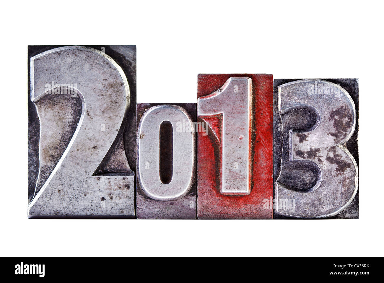El número o la fecha de 2013 en la vieja tipografía, aislado en un fondo blanco. Foto de stock