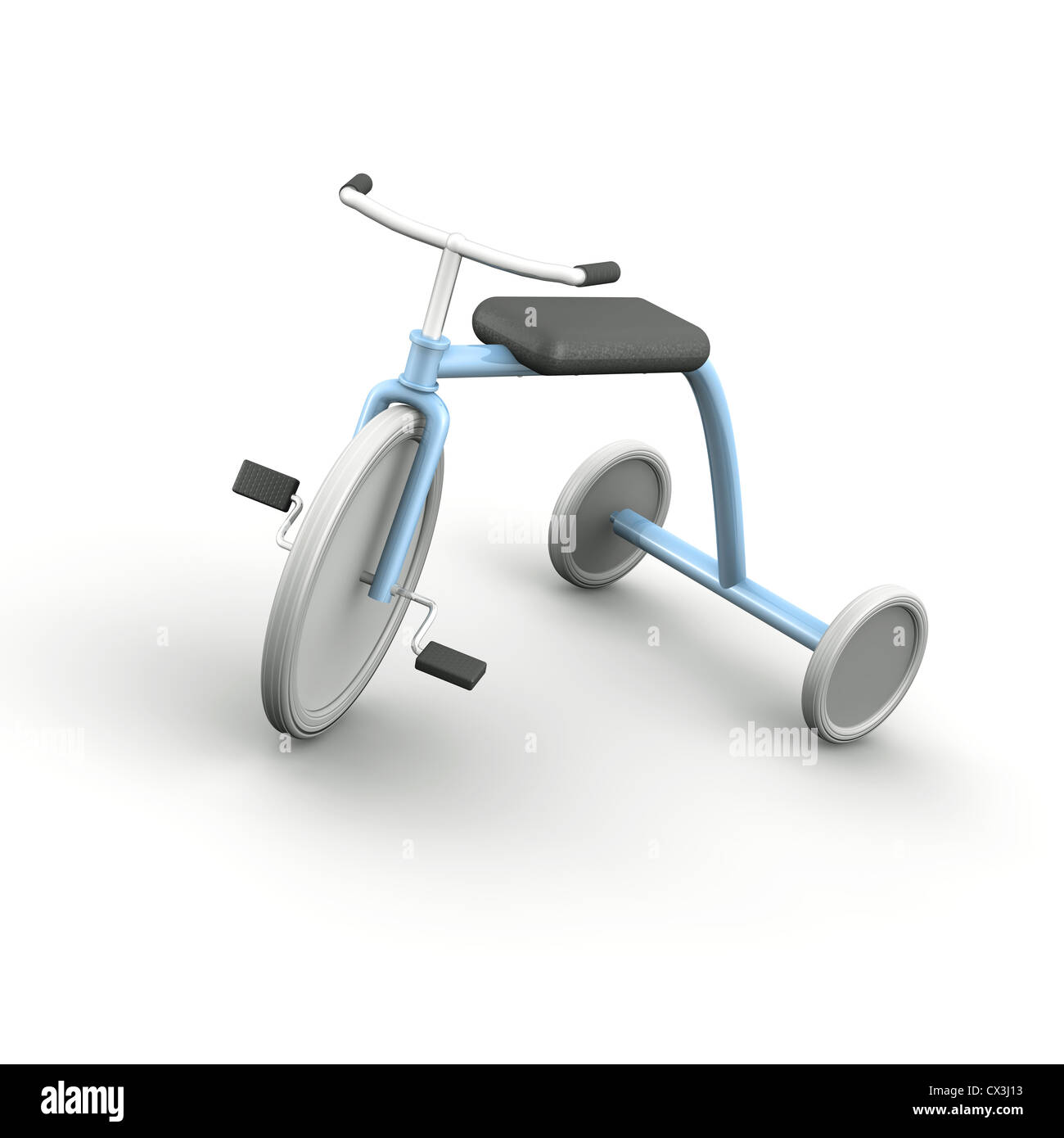 Retro Hellblaues Dreirad mit weissem weissen Reifen auf Hintergrund - uno azul triciclo con ruedas blancas sobre fondo blanco. Foto de stock
