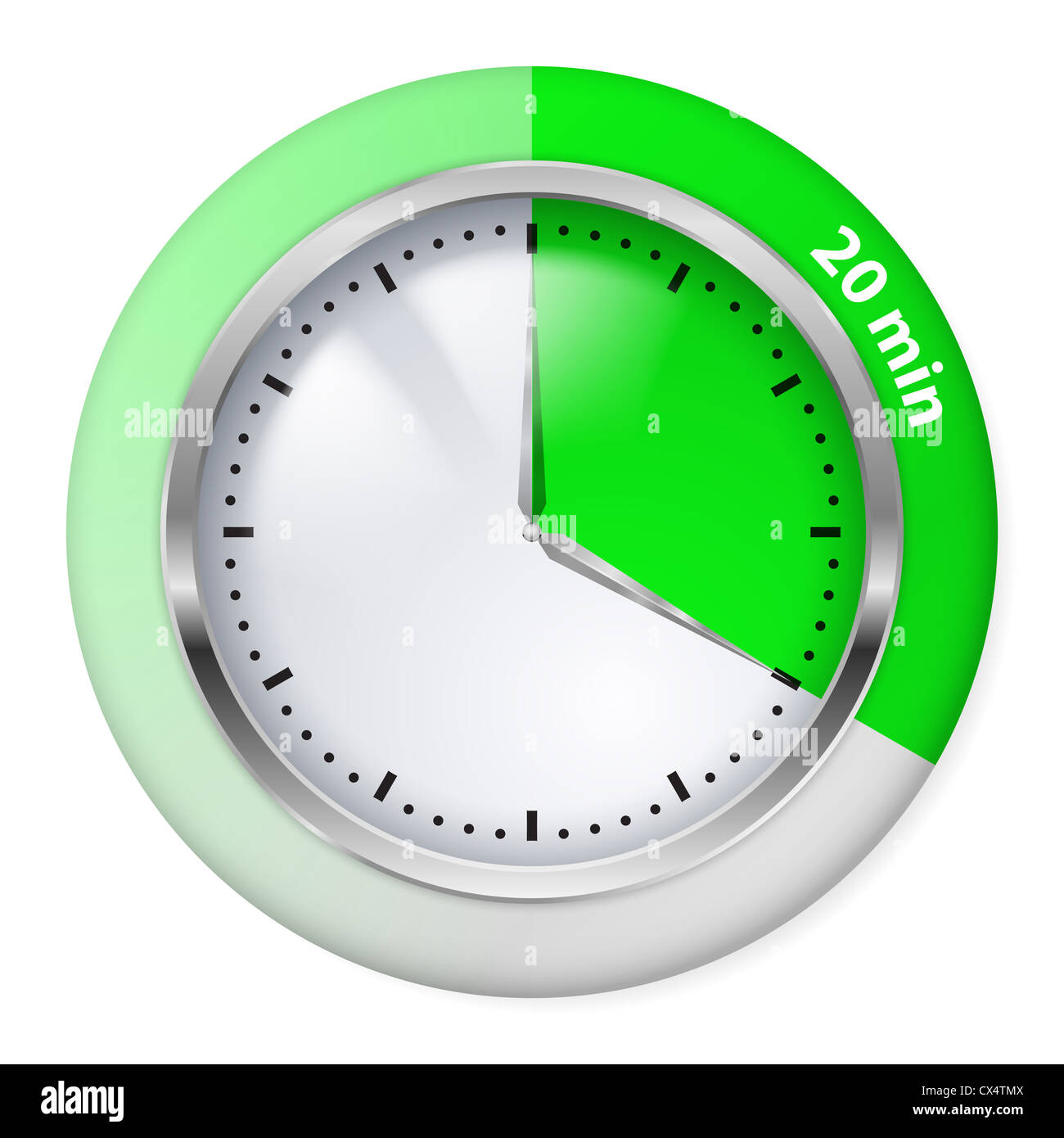 El icono del temporizador verde. Veinte minutos. Ilustración en blanco. Foto de stock