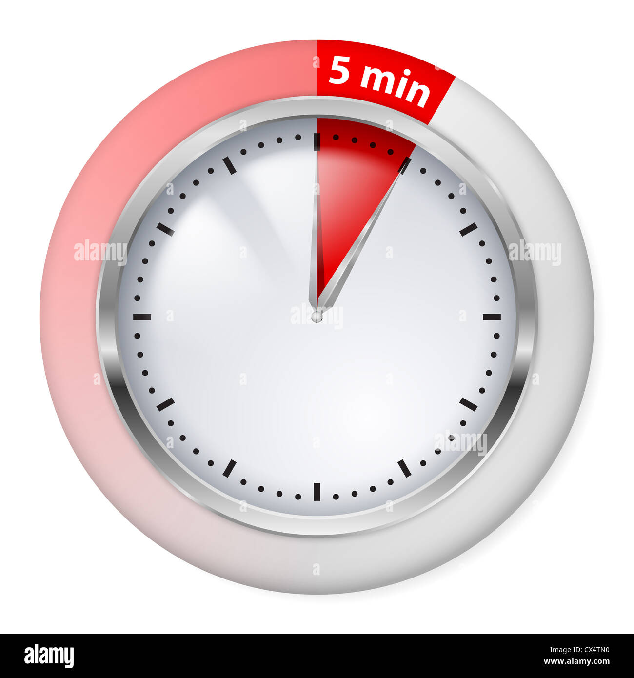 En rojo el icono del temporizador. Cinco minutos. Ilustración en blanco. Foto de stock