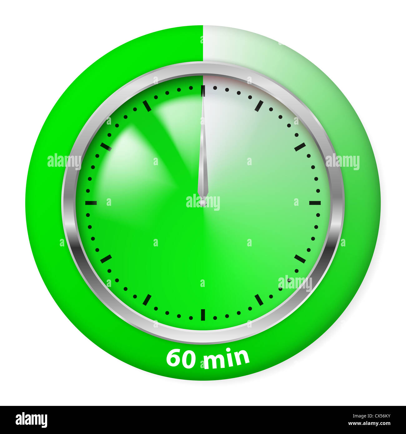 El icono del temporizador verde. Sesenta Minutos. Ilustración en blanco. Foto de stock