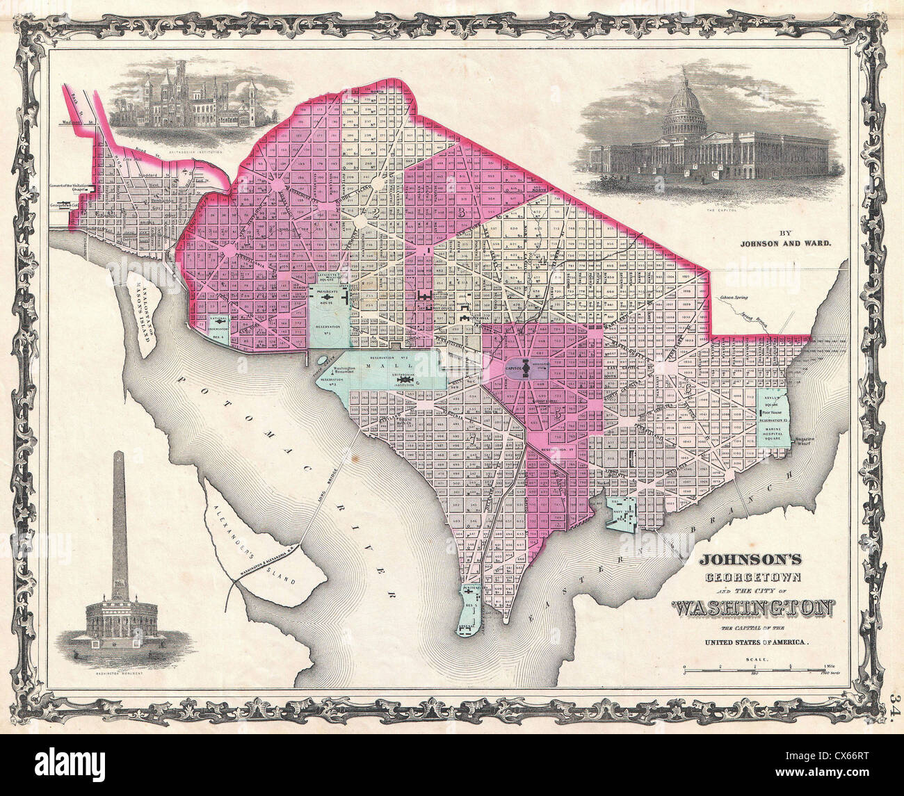 1862 Johnson Mapa de Washington D.C. y Georgetown. Foto de stock