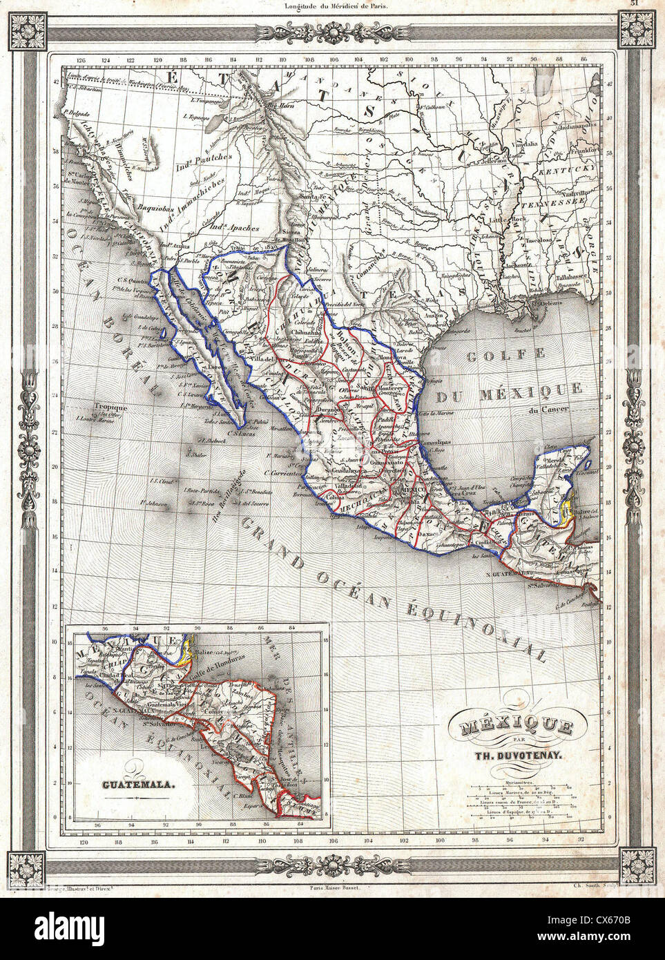 1852 Duvotenay Mapa de México ( incluye Texas y California ) superior Foto de stock