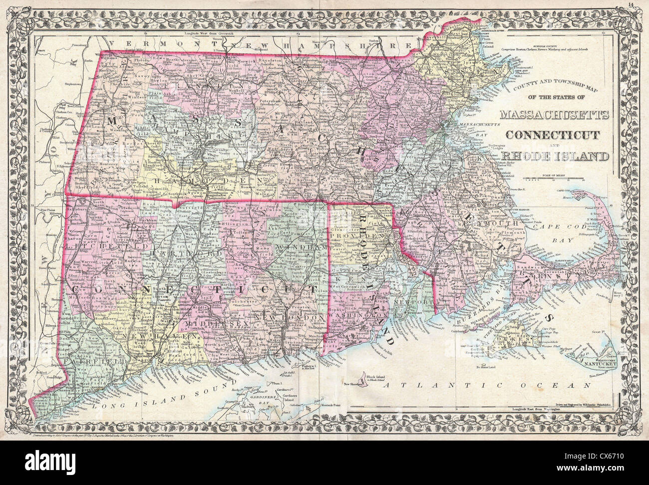 1873 Mitchell Mapa de Massachussets, Connecticut y Rhode Island Foto de stock