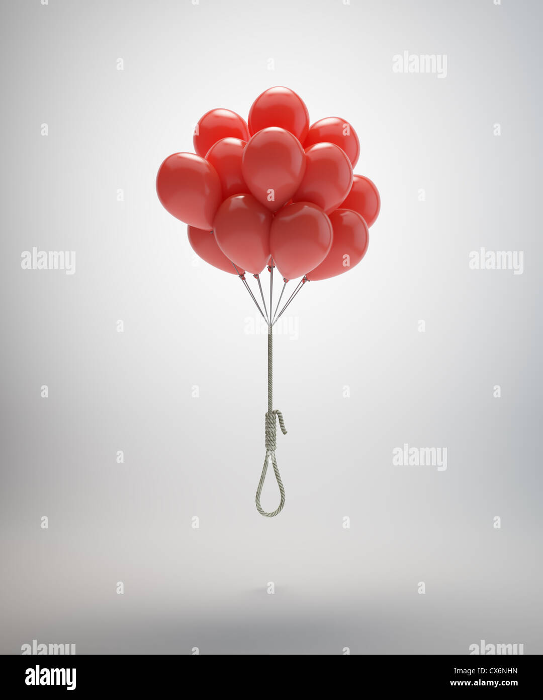 Horca suspendido por un montón de globos rojos Foto de stock