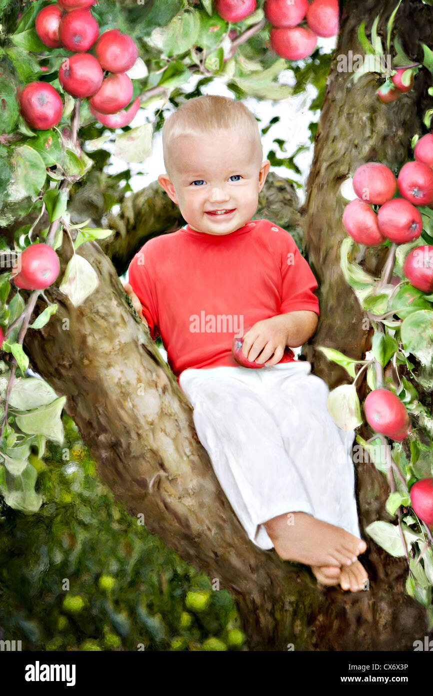 Exterior pintado el retrato de un niño en un árbol de manzanas Foto de stock