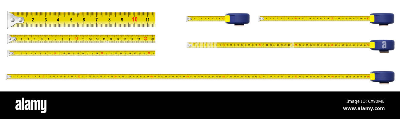 Medir el conjunto de cintas de metal aisladas incluyendo un metro Foto de stock