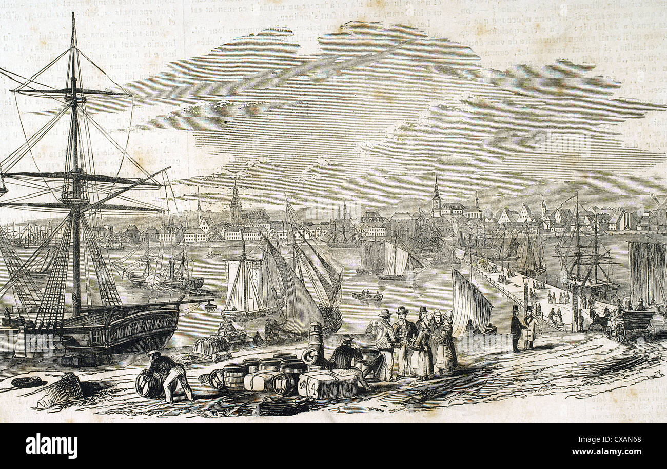 Rusia. Riga. Siglo xix. Harbour. Grabado de 'l'Univers Illustre', de 1861. Foto de stock