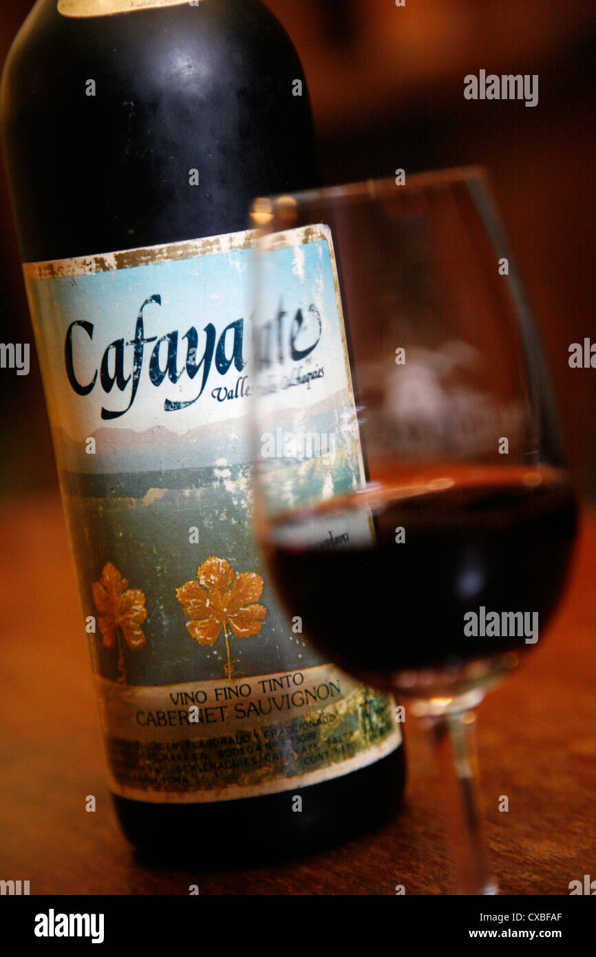 Botella y vaso de vino en la bodega Etchart en Cafayate, Provincia de Salta, Argentina. Foto de stock