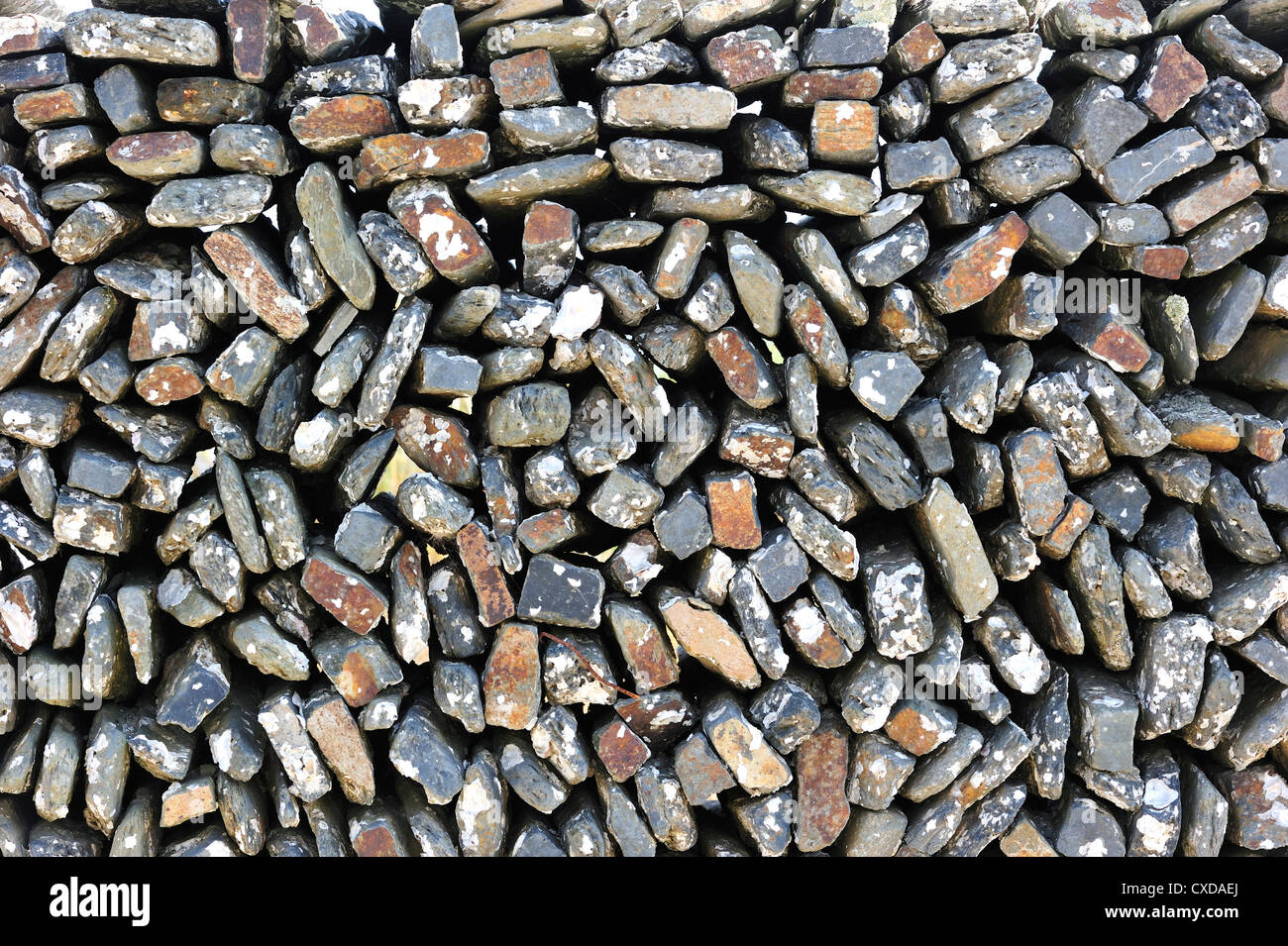 Piedras apiladas de criadero de ostras en la Baudissière cerca de dolus / Saint-Pierre-d'oléron, Ile d'oléron, Charente Marítimo, Francia Foto de stock