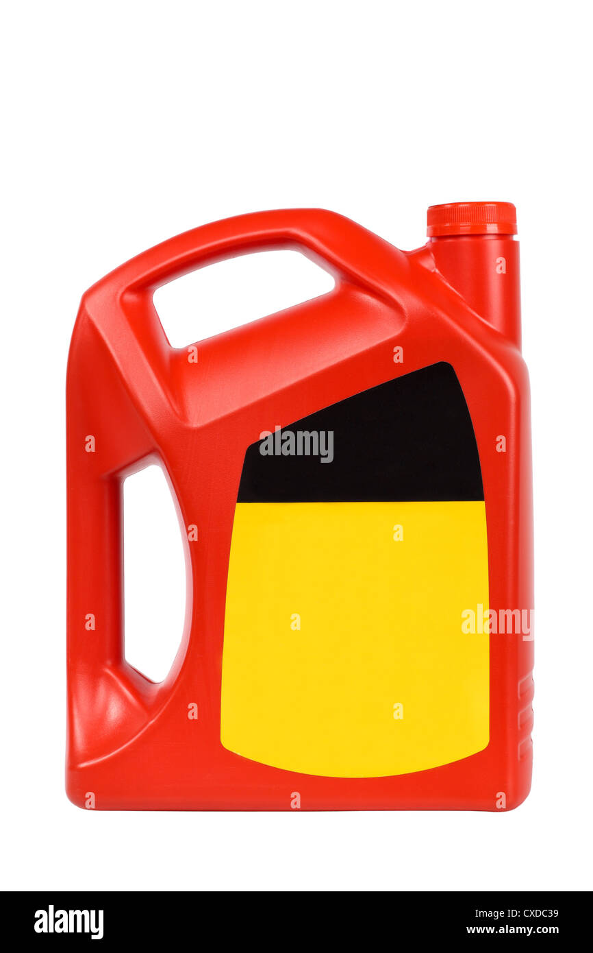 Botella de plástico rojo de aceite de motor Foto de stock