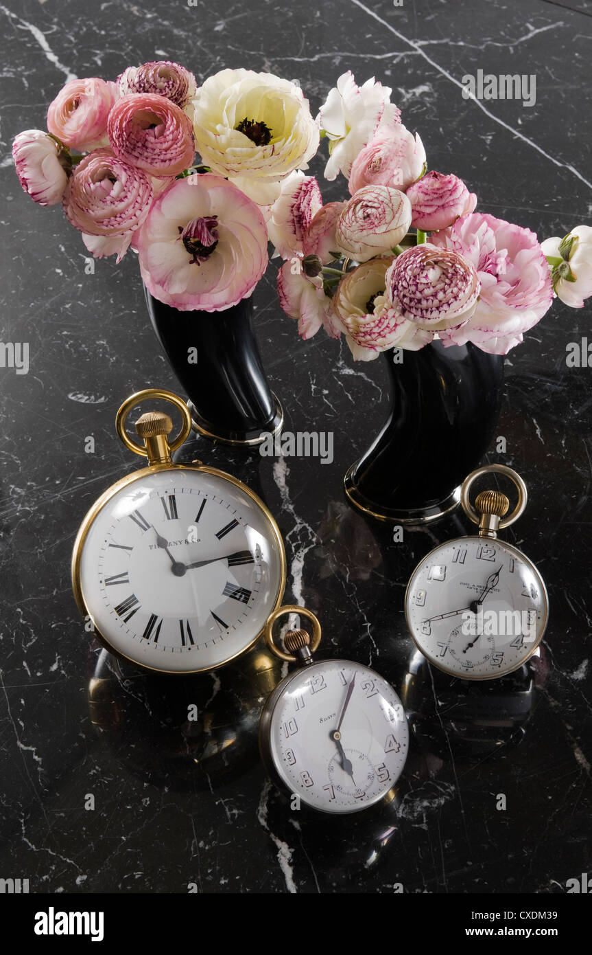 Indian cuerno vasos con monturas de plata y Tiffany reloj de bola y dos bolas de cristal claro relojes Foto de stock