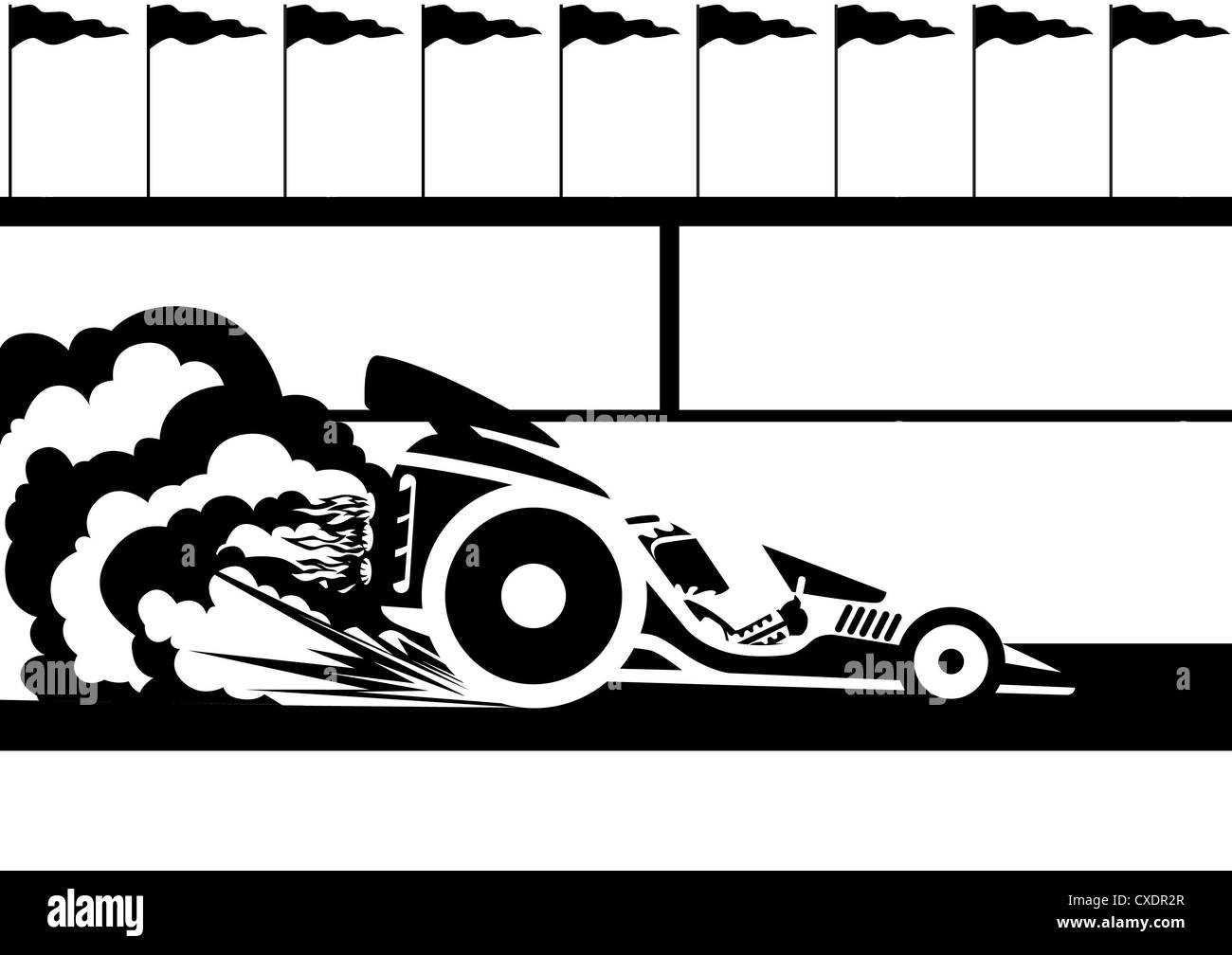 Un coche de carreras en el estadio. Ilustración en blanco y negro