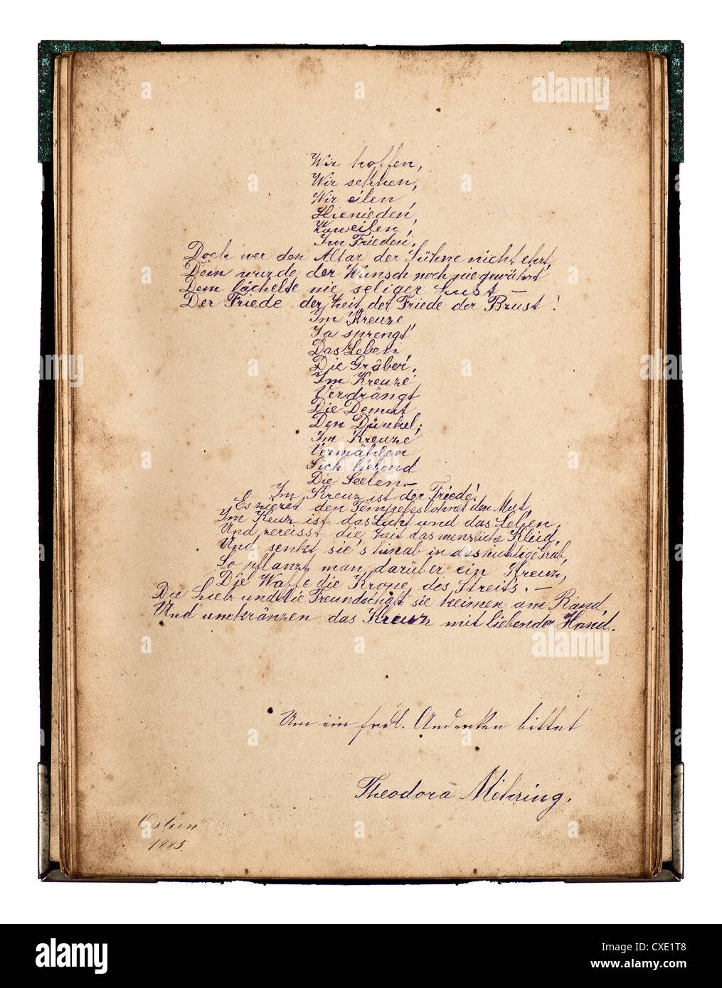 Maravilloso y antiguo manuscrito. Pascua poema manuscrito en forma de cruz. vintage fondo de papel Foto de stock
