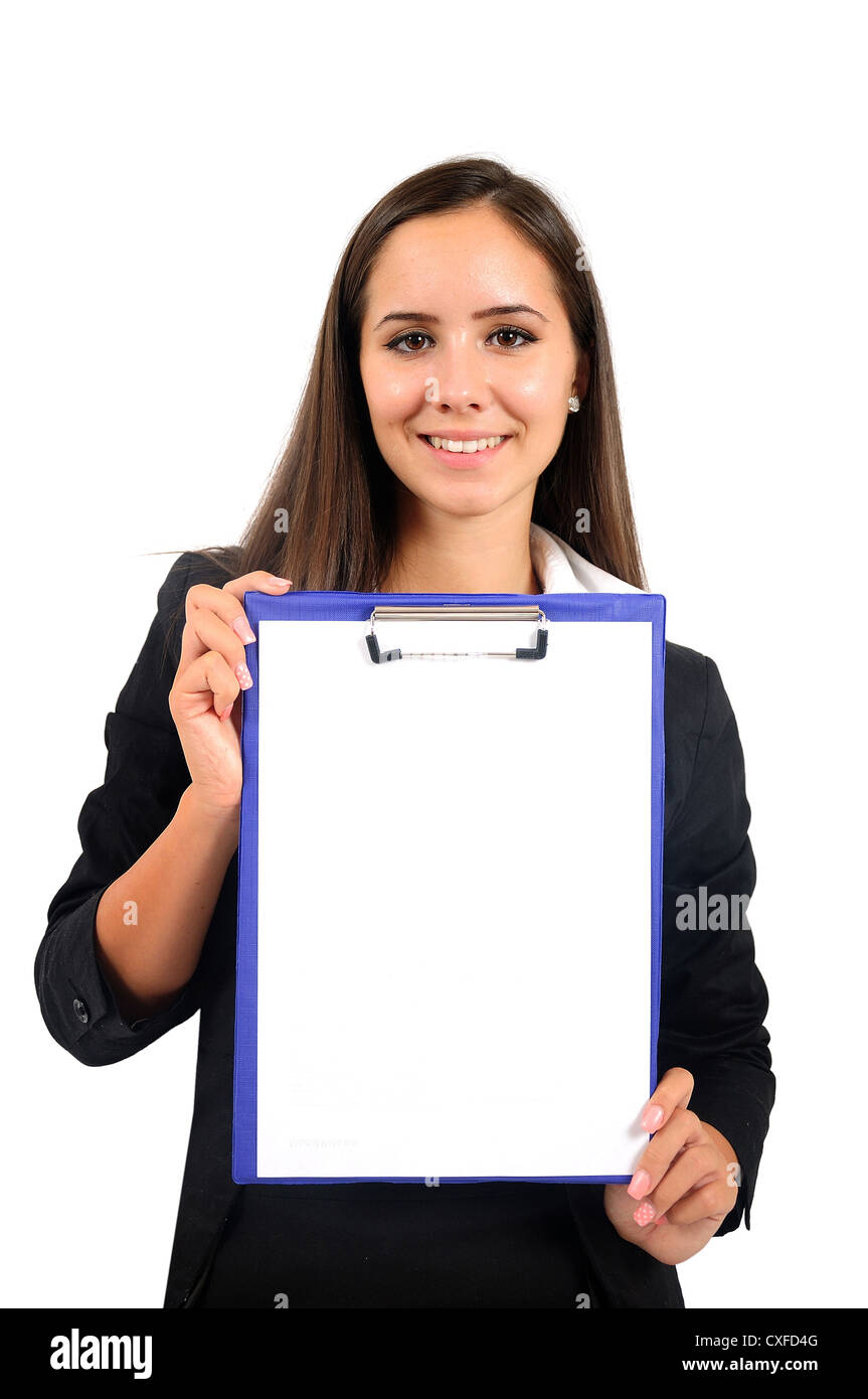 Mujer de negocios jóvenes aislados presentando Foto de stock